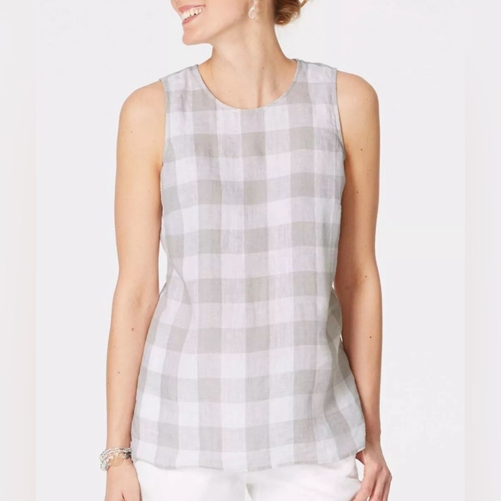 J. Jill Love Linen Gingham Plaid Button Back Sleeveless Top Gray White